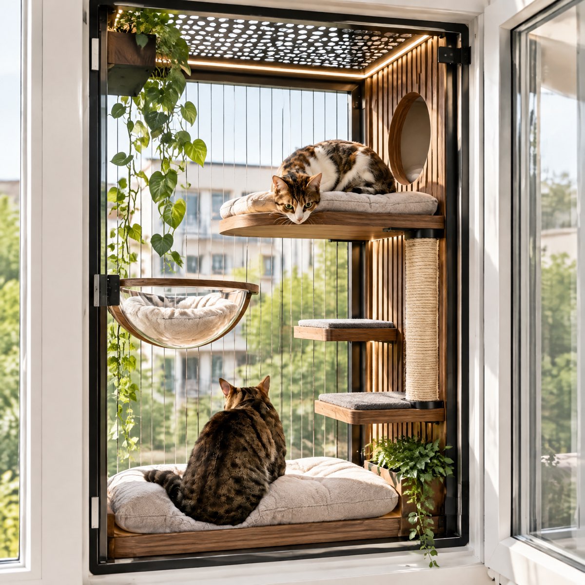Premium Siyah Çerçeveli Kedi Balkonu | Asma Sepetli & LED Aydınlatmalı