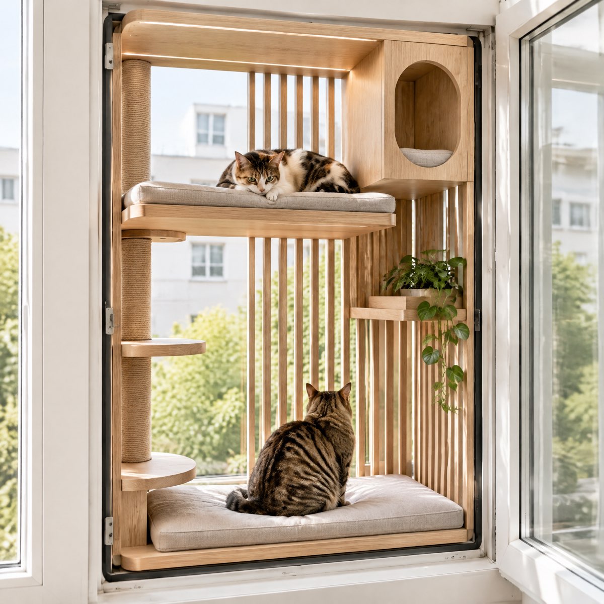 Doğal Ahşap Kedi Balkonu | Tırmalama Direkli & Yuvalı