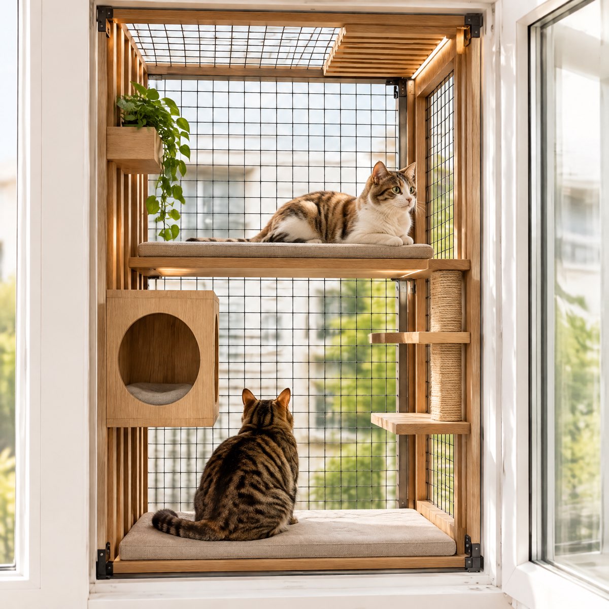 Kafesli Ahşap Kedi Balkonu | Yuvalı & LED Aydınlatmalı